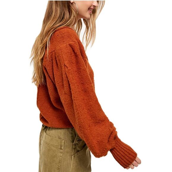 Free People Reverie V-Neck Rib Knit Sweater Balloon Sleeve Burnt Butter XS - Picture 2 of 10